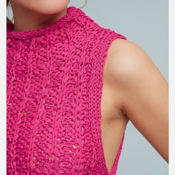 Anthropologie Fuchsia Pink Sleeveless Mock Neck Cable Knit Sweater - Picture 3 of 12